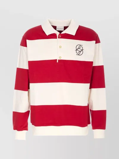 Drôle De Monsieur Striped Long Sleeve Polo Shirt With Embroidery In Red