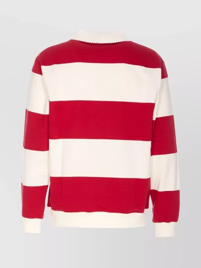 Drôle De Monsieur Striped Long Sleeve Polo Shirt With Embroidery In Red