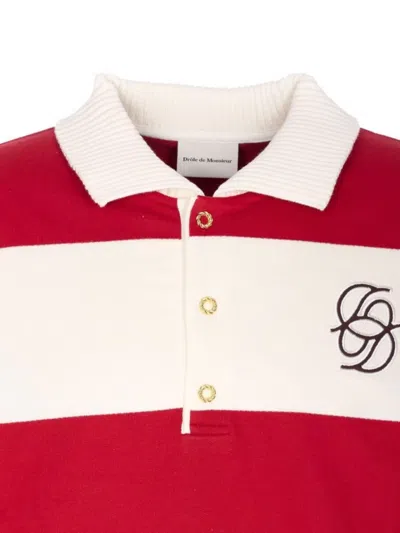 Drôle De Monsieur Striped Long Sleeve Polo Shirt With Embroidery In Red