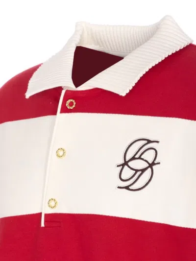 Drôle De Monsieur Striped Long Sleeve Polo Shirt With Embroidery In Red