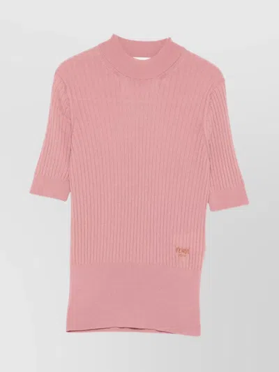 Fendi Knit Pullover With Crew Neck And Ribbed Texture In Pink