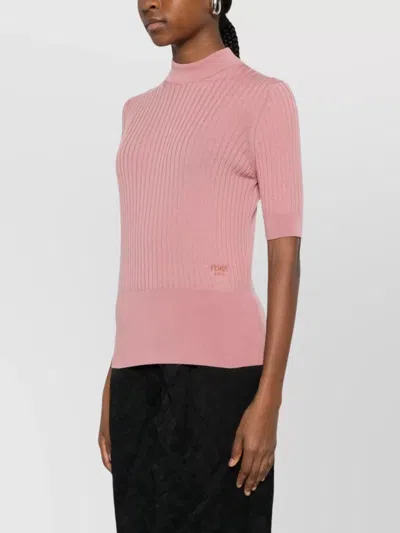 Fendi Knit Pullover With Crew Neck And Ribbed Texture In Pink