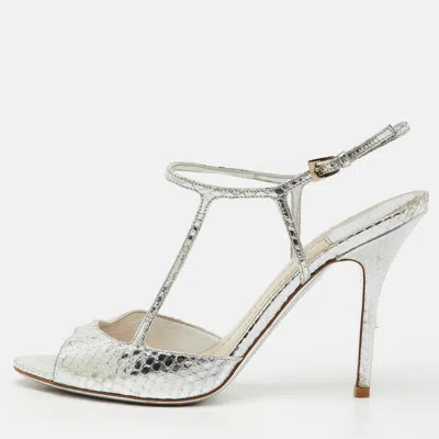 Pre-owned Dior Metallic Silver Python Effect Leather Ankle Strap Sandals Size 39