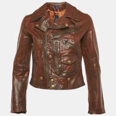 Pre-owned Polo Ralph Lauren Kids Brown Leather Zip-up Jacket Xl/18 Yrs