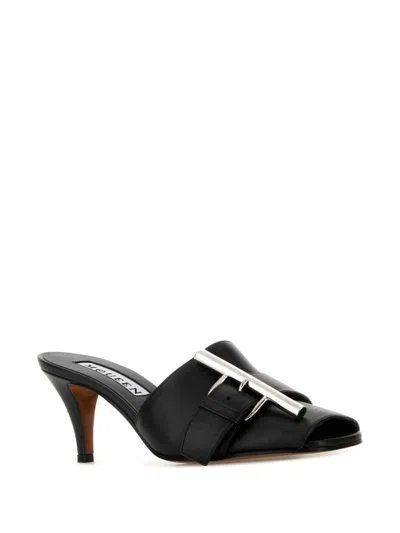 Alexander Mcqueen Leather Mules With Kitten Heel And Metal Embellishment In Black