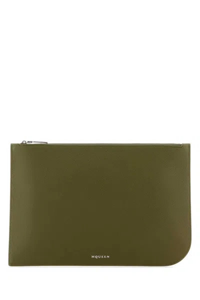 Alexander Mcqueen Olive Green Leather Large Sling Pouch In Green