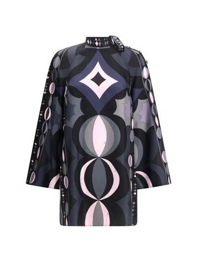 Pucci Geometric Pattern Long Sleeve High Neck Dress In Black