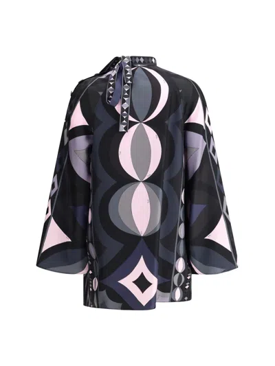 Pucci Geometric Pattern Long Sleeve High Neck Dress In Black