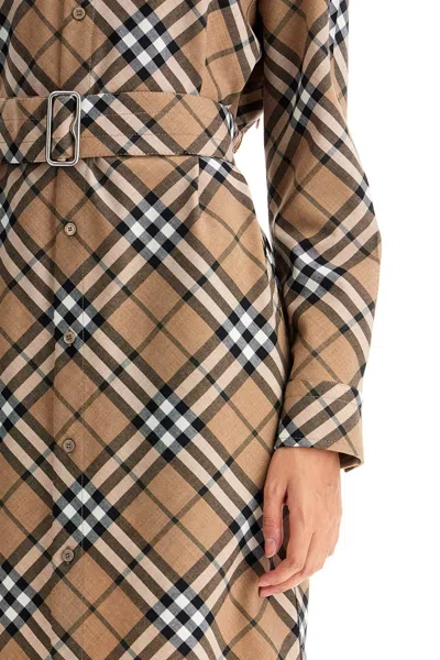 Burberry Tartan Wool Blend Shirt Dress With Belt In Brown