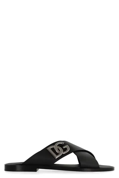 Dolce & Gabbana Leather Sandals With Lateral Monogram In Black
