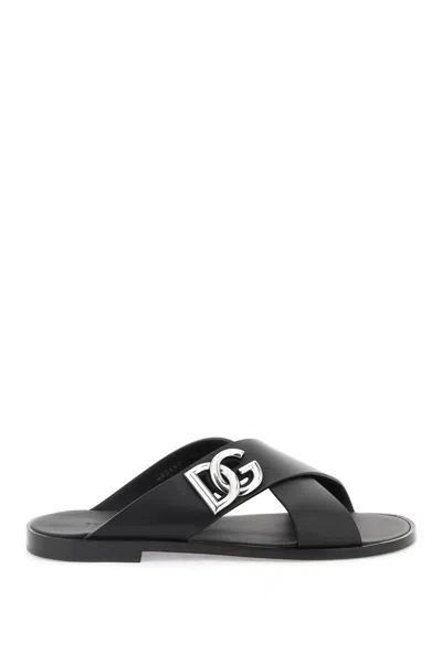Dolce & Gabbana Leather Sandals With Lateral Monogram In Black