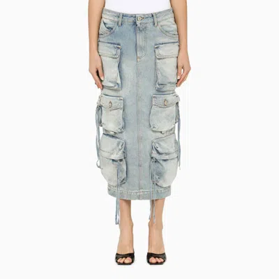 Attico Blue Denim Cargo Midi Skirt In Blue