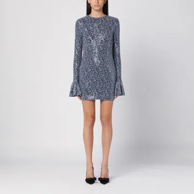 Rotate Birger Christensen Open Back Sequined Flared Dress With Poet Sleeve In Blue