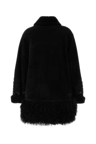 Ermanno Scervino Black Textured Coat With Embroidered Design In Black