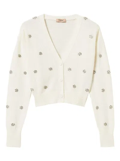 Twinset Cropped Cardigan With Fluffy Texture And Sparkling Embellishments In Neutral