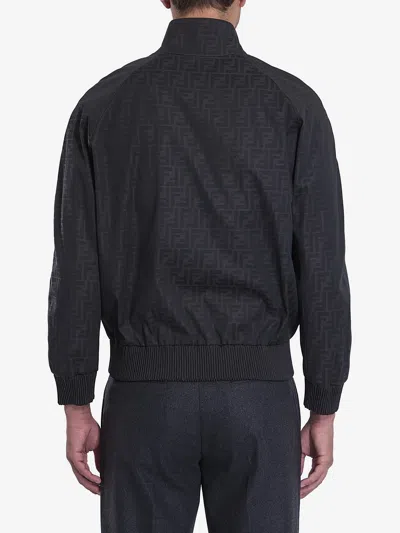 Fendi Men Black Jacket With High Neck And All-over Ff Motif In Tech Fabric Man In Black