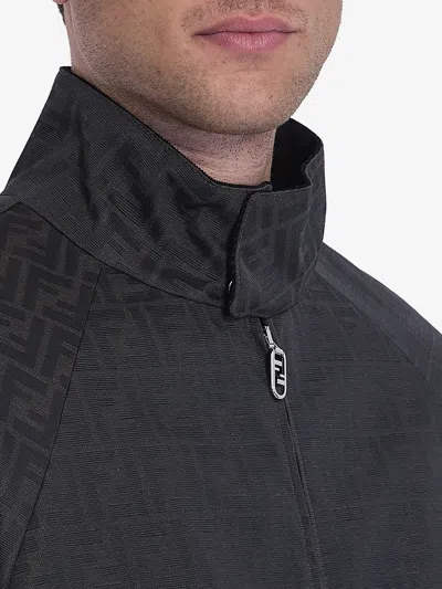 Fendi Men Black Jacket With High Neck And All-over Ff Motif In Tech Fabric Man In Black