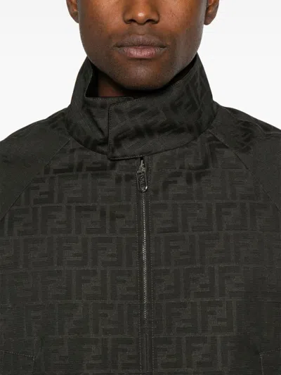 Fendi Men Black Jacket With High Neck And All-over Ff Motif In Tech Fabric Man In Black