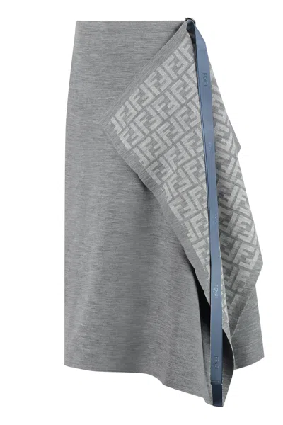 Fendi Wool Blend Skirt With Asymmetric Hem And Elasticated Waistband In Gray