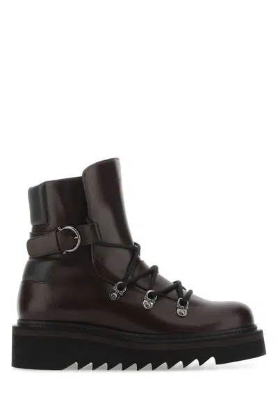 Ferragamo Aubergine Leather Elimo Ankle Boots In Brown