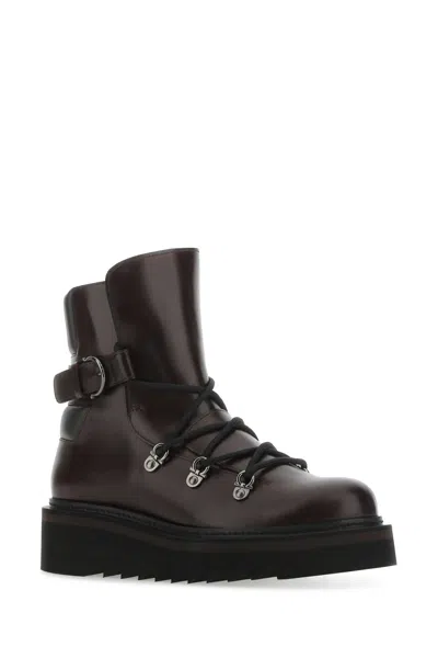 Ferragamo Aubergine Leather Elimo Ankle Boots In Brown