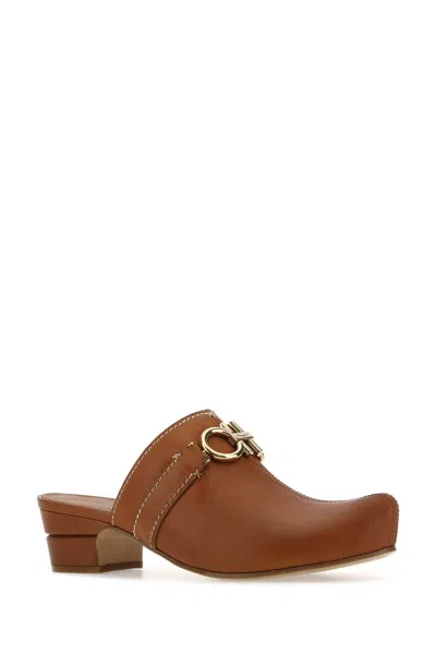 Ferragamo Caramel Leather Phobos Mules In Brown