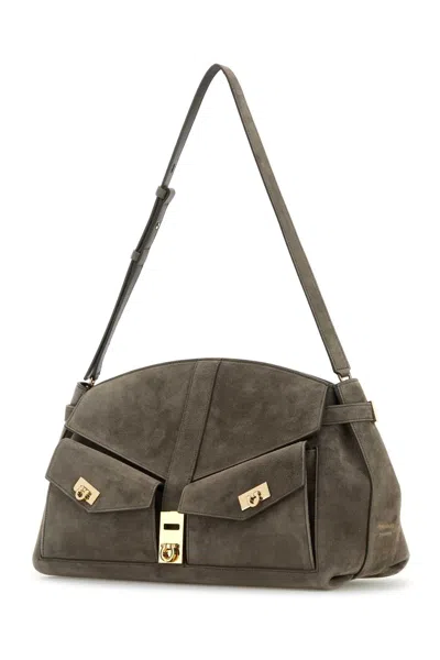 Ferragamo Adjustable Strap Suede Shoulder Bag In Green