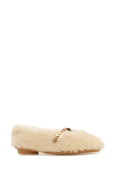 Ferragamo Ivory Shearling Noella Ballerinas In Neutral