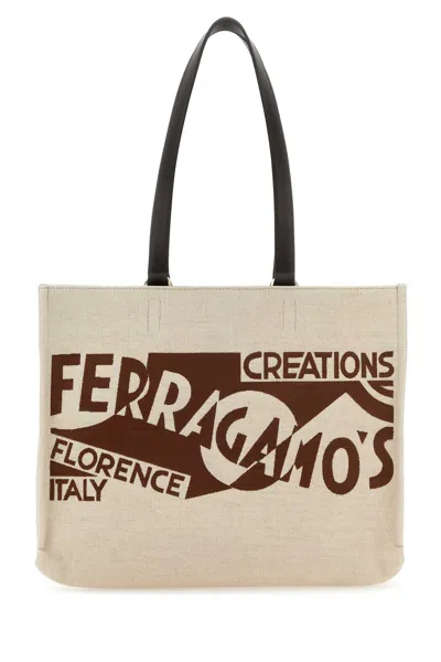 Ferragamo Canvas Shopping Bag Leather Handles In Brown