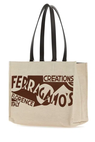 Ferragamo Canvas Shopping Bag Leather Handles In Brown
