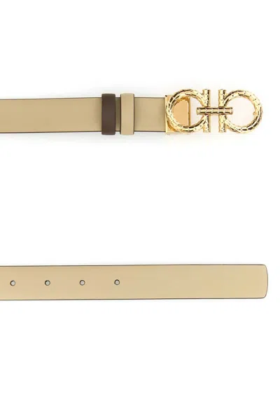 Ferragamo Sand Leather Reversible Belt In Gold