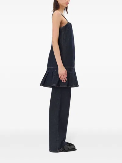 Ganni Dark Blue Denim Mini Dress In Black