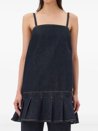 Ganni Dark Blue Denim Mini Dress In Black