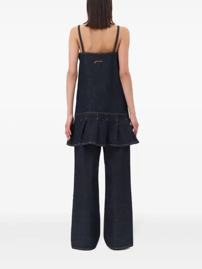 Ganni Dark Blue Denim Mini Dress In Black