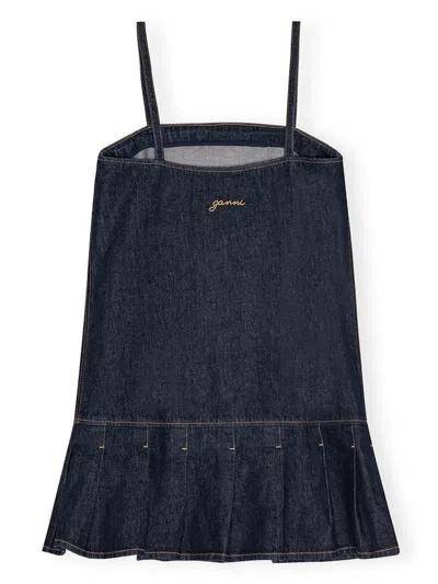 Ganni Dark Blue Denim Mini Dress In Black