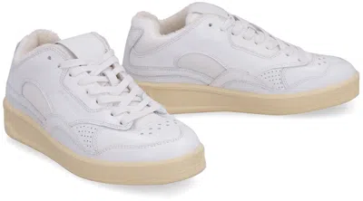 Jil Sander White Leather And Fabric Basket Sneakers In Multi