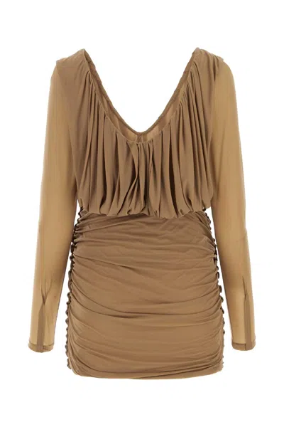 Saint Laurent Camel Jersey Mini Dress In Brown