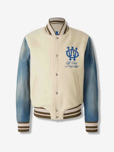 Off-white Ivory Bomber Jacket With Denim Sleeves In Multi