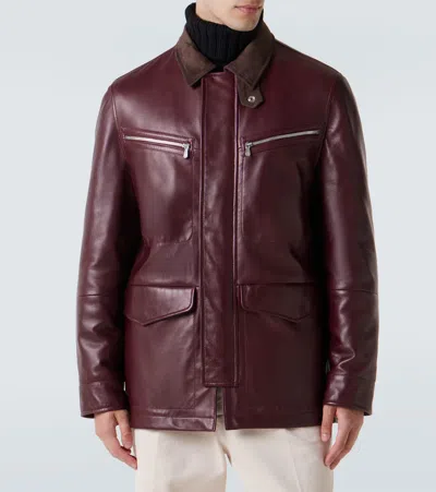 Brunello Cucinelli Padded Nubuck-trimmed Leather Field Jacket In Burgundy
