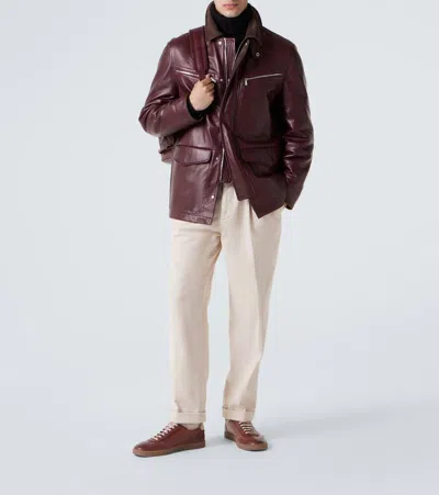 Brunello Cucinelli Padded Nubuck-trimmed Leather Field Jacket In Burgundy