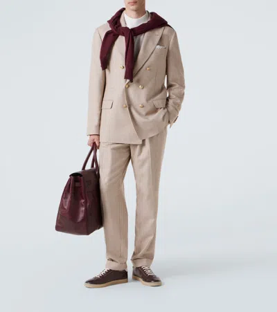 Brunello Cucinelli Double-breasted Puppytooth Cashmere And Silk-blend Suit Jacket In Brown