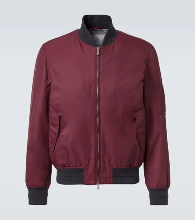 Brunello Cucinelli Padded Cashmere-trimmed Shell Bomber Jacket In Burgundy