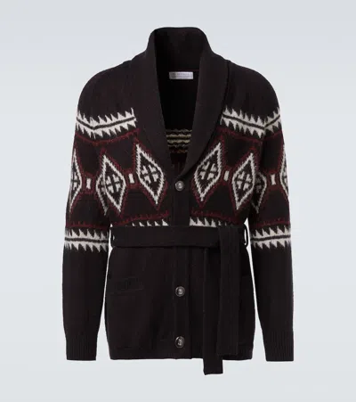 Brunello Cucinelli Jacquard Wool, Silk And Cashmere Cardigan In Brown