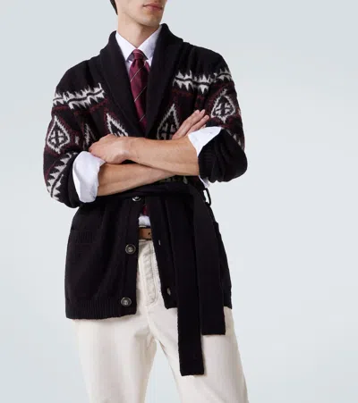 Brunello Cucinelli Jacquard Wool, Silk And Cashmere Cardigan In Brown