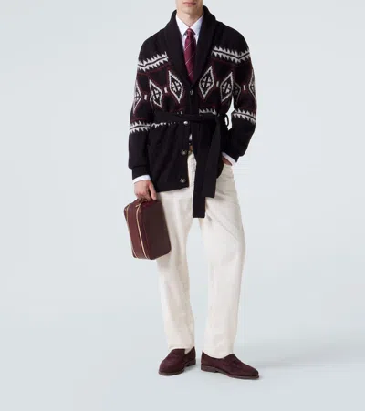 Brunello Cucinelli Jacquard Wool, Silk And Cashmere Cardigan In Brown