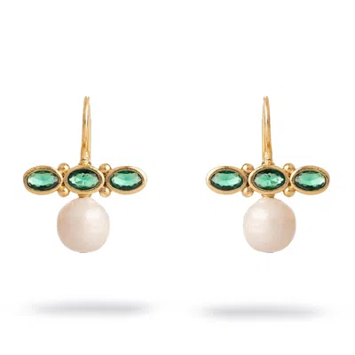 Ebru Jewelry Women's White / Gold / Green Royal Emerald Pearl Drop Earrings - Green In Gold