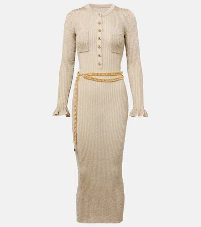 Self-portrait Belted Ruffled Metallic Ribbed-knit Midi Dress In Brown |  ModeSens