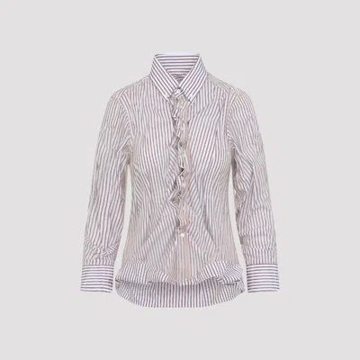 Maison Margiela Vertical Stripe Fitted Shirt With Ruffled Detail In Red