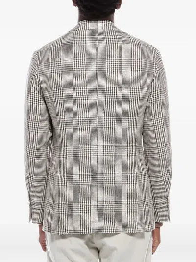 Brunello Cucinelli Half-lined Linen Blend Blazer With Houndstooth Motif In Gray