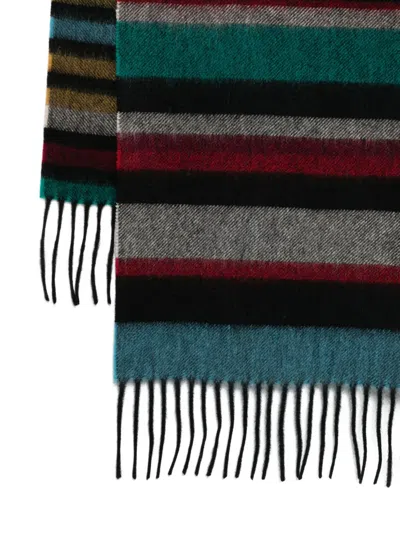 Paul Smith Multicolour Stripe Cashmere Scarf With Fringed Edges In Blue